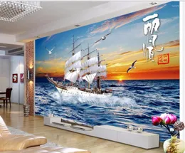 Bakgrundsbilder Anpassade PO 3D -rum Bakgrund Vertikalt horisontellt havsmyligt seglingsdekoration Målande väggmålningar för väggar 3 D