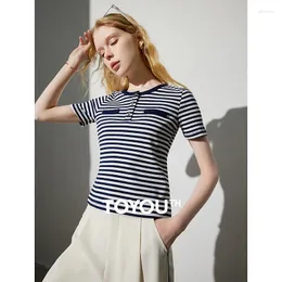 여자 T 셔츠 Toyouth Women Tee Tops 2024 Summer Slim Fit Short Sleeve Striped Round Neck T-Shirt Top