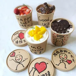 Disposable Cups Straws 50pcs Net Red Ice Cream Cup 350ml 460ml Kraft Paper Cake Dessert Water And Oil Proof Food Salad Fruit Lunch Boxes