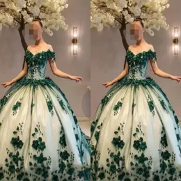 2022 Hunter Green Nude Prom Sweet 16 платья для шарикового платья цветочные 3D цветы жемчужины с бисером с плеча Quinceanera Plus Plus Size Wom 207W