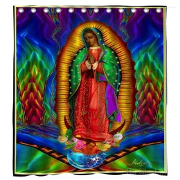 Cortinas de chuveiro Corte de outono Imagem de um Virgen de Guadalupe Hermosa Planto de tecido de tecido de fundo de fundo conjuntos de decoração de banheiro com ganchos