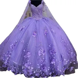2022 Lavendel Quinceanera Kleider Blumen Perlen Kristall mit Wraps Blumen -Applique Schatz süße 16 Kleiderkugelkleider Prinzessin 198w