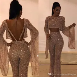 Sparkly Sequins Two Piece Evening Dresses Jumpsuit Designer Backless Long Sleeves Floor Length Prom Gown Formal Wear 2022 Plus Size Cus 279I