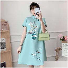 Etnik Giyim Fzslcyiyi Lake Mavi Gevşek Moda Modern Cheongsam Elbise Kadınlar Kısa Kollu Qipao Geleneksel Çin tarzı Giysiler DHMT9