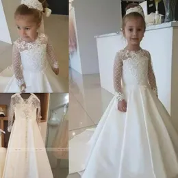 Śliczna 2020 Satynowa koronkowa aplikacja Flower Girl Dress to Wedding Party Long Rleeves Małe dzieci dziewczyny Pierwsze suknie komunalne