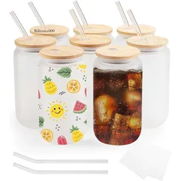 USA CA Warehouse Bamboo Lid med halm, 16oz Frosted Sublimation Beer Jar Glass Blank för iskaffe, läsk, juice 0514