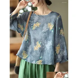 Women'S Blouses Shirts Womens Ramie Plovers Floral Print 2023 Women Spring Summer Casual Blusas Tops Ladies O-Neck Wrist Sleeve Re Dhuho