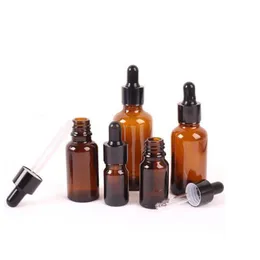 Grube szklane kosmetyczne butelki opakowania z kroplowaniem brązowe 5-100 ml z pipetą i czarnymi pokrywkami GKSIV SVJBL