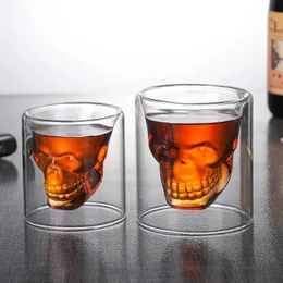 Doppelschichtiger transparenter Schädelkopf Kaffeetasse Crystal Glass Cup für Home Bar Club Whisky Tequila Wein Wodka und Bier 240509