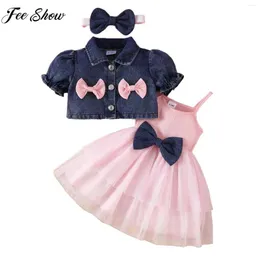 Giyim setleri 0-24m bebek kızlar yaz gündelik tatlı kıyafetler bow tutu elbise ile kısa kollu denim ceket kafa bandı günlük doğum günü için