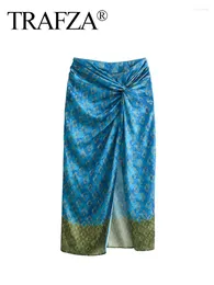 Saias Trafza Verão Salia longa Mulheres tendentes estampas altas cintura plissada fenda decorar zíper feminino estilo boêmio meio-calffe
