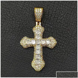 Anhänger Halsketten Anhänger Halsketten leuchten Diamantsteinkreuz Anhänger Halskette Schmuck 18K Real Gold Plated Männer Frauen Geschenk Relius D Dhgqh