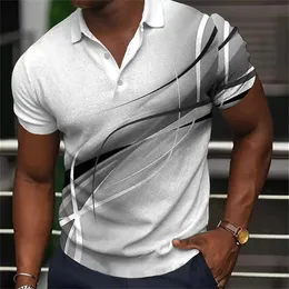 Mens polo shirt gradient line summer short sleeved top business casual clothing lapel button striped polo shirt 240430