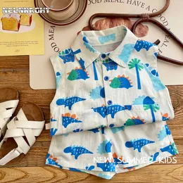 Roupas de roupas para crianças e bebês moda de 2 peças de traje de praia conjunto adequado para crianças pequenas impressas sem mangas+shorts d240514
