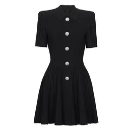 New Black Milan Runway Dresses Women Lapel Neck Short Sleeve Lion Head Buttons High Quality Slim A-Line Solid Party Club Wear Knitted Dress Vestidos