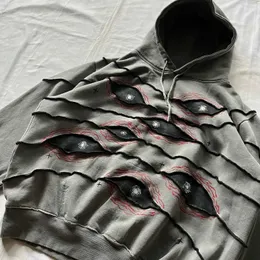 Herrtröjor tröjor nya y2k hoodie hiphop gotisk vintage ögon skugga lapp arbete grå lös pull mens mode harajuku gata kläd