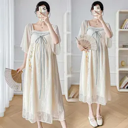 Maternity Dresses Summer Chinese Embroidered Lace Dress for Pregnant Women Han Fu Pregnant Women Dress Sweet Square Neck Pregnant Women Holiday DressL2405