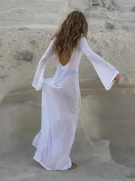 Sukienki swobodne Ryfix Maxi Long Rleeve Dress Dress Backless Party Club Zobacz przez siatkę 2024 Summer Sexy Beach Bodycon Dresse