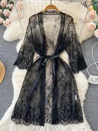 여자 잠자기 히키 기와 세련된 패션 여성 봄 여름 섹시한 y2k 반투명 거즈 레이스 나이트 가운 얇은 깊은 v 목 열린 드레스 로파