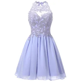 Halter kurzer Heimkehrkleider für Teenager Chiffon Spitzen Applikationen Juniors Prom -Kleider Schlüsselloch zurück 8. Klasse Partykleid 184e