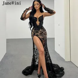 Sukienki imprezowe Janevini 2024 Seksowna czarna koronkowa wieczór z rękawiczkami MacThed High Slit Beaded Mermaid Long Women Suknie balsame