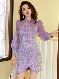 Lässige Kleider chinesische süße Qipao -Prom Frauen Luxus sexy lila glänzende Paillette Sheer Sleeve Single Breasted Kleid Cheongsam Party Vestido