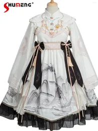 Vestidos casuais originais vintage lolita op mid vestido mulher 2024 Spring antiguidade han elementos doces de manga longa para mulheres