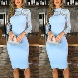 2022 оболочка светло -голубые коктейльные платья для вечеринок с высокой шеей иллюзией с длинным рукавом кружевное колено для выпускного вечера вечернее платье специальное платье дешевое 3023
