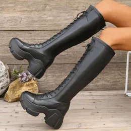 Boots skor för kvinnor 2024 Back Zip Knee-High Women's Concise Daily Round Toe Lace-Up Platform Kvinna