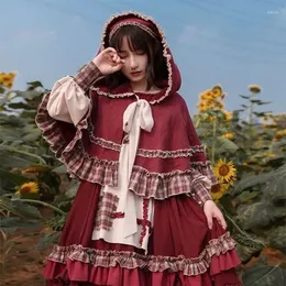 Abiti da lavoro giapponese kawaii lolita op ruffles abito rosso per donne y2k e-ragazza maniche lunghe maniche di cappuccio molla primavera autunno due pezzi set
