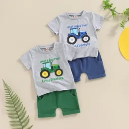 Roupas Conjuntos de roupas Vintage Summer Kids meninos Carta de trator impressão de manga curta T-shirts Tops Tops de cintura elástica Casual Roupfits