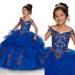 Дешевые королевские голубые персиковые девчонки платья с плеча золотой кружевной вышив