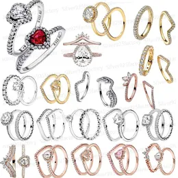 925 Стерлинговое серебро поднятые сердечные обручальные кольца для женщин Кольцо с оригинальным любителем коробки подарок CZ Diamond Fine Jewelry Fit Pandoras Роскошные дизайнерские кольца