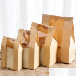 Packing Bags Wholesale 50Pcs Kraft Paper Bag With Window Bread Packaging Handmade Toast Biscuit Candy Pounches Baking Supplies Party Dhzad