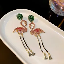 Dangle Ohrringe Flamingo Langer Anhänger für Damen Grüne Rosa eingelegene Strassstropfen Persönlichkeit Tiervogel Ohrschmuck