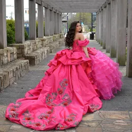 Luxus Rose Red Vestidos de 15 Quinceanera Stickerei Applique Perlen Quinceanera Dress von Schulter süß 16 Kleider Ballkleid