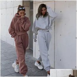 Womens Tracksuits Women Sport Two Piece Clothing Set Tracksuit Solid Color Hoodie Sweatshirt Long Pant Jogger Outfit Femal Drop Delive Dhvpy