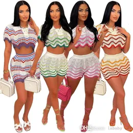 2024 Summer Fashion Tracksuit Knitted 2 Piece Set Women Stripe Contrasting Colors Shorts Sleeve Lapel Neck Crop Top And Casual Shorts Sets For Women Outfits