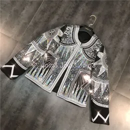 Primavera nova feminina moda shinny bling geométrico padrão pilhette de lantejadão de manga longa casaco curto solto casacos smlxl