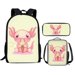 School Bags Cute Axolotl Cherry Blossoms Backpack Set For Teenagers Girls Boys Campus Bookbags Thermal Lunch Bag Pencil Case Gifts