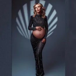 Maternity Dresses Hot Fix Crystal Maternity Photo Shoot Dresses Set Rhinestone Stretchy Pregnancy Photography Outfit Cut Out Women Gown T240509