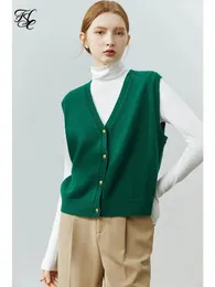 FSLE 100% 양모 녹색 화이트 카키 여성 Vest 겨울 솔리드 캐주얼 Vneck 재킷 사무실 숙녀 240513