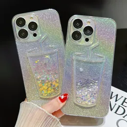 Fashion Milk Tea Cup Bling Glitter Star Quicksand Case For iPhone 14 13 11 12 15 Pro Max 14 15plus Shiny Sequins Transparent Plating Cover