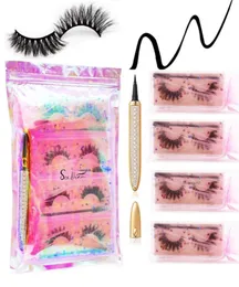 3D -Faux -Nerz -Wimpern mit Kleber Eyeliner Mascara Pinsel Kit 4 Paare Natürliche wiederverwendbare falsche Wimpern Leichte dicke handgefertigte Cruelt4587856