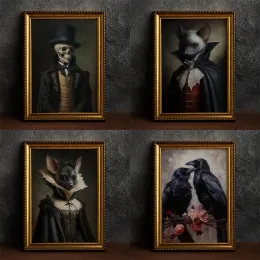 RETRO CROP Witch Bat Skull Dark Academia Gothic Victorian Style Art Wall Art dipinto Poster Poster Stampa Halloween Decorro