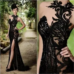 Rami Salamoun Элегантные платья для выпускного вечера на аппликации с высокой шеей с блестками расколотые вечерние платья 2021 Дешевые длинные формальные платья 205Q