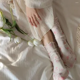 Mulheres meias ins estilo malha flor doce babado elástico transparente meias floral streetwear girl melayerdo