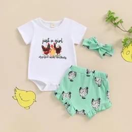 Clothing Sets 2024-04-09 Lioraitiin Baby Girls 3Pcs Summer Outfit Short Sleeve Chicken Print Romper Shorts Headband Set Farm Clothes