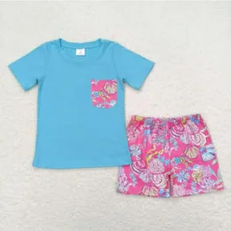 Clothing Sets Short Sleeve Blue Top Floral Pink Boys Outfit RTS Kids Baby Clothes Boutique Wholesale In Stock No Moq Kid