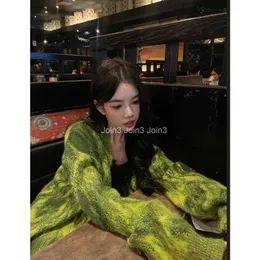Womens mens tie-dying green color v-neck single breasted mohair wool knitted sweater cardigans coat SMLXL
